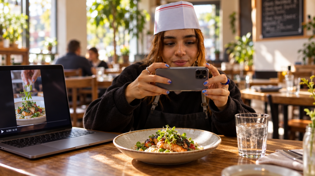 Una restauradora graba un plato mientras revisa un vídeo de comida.