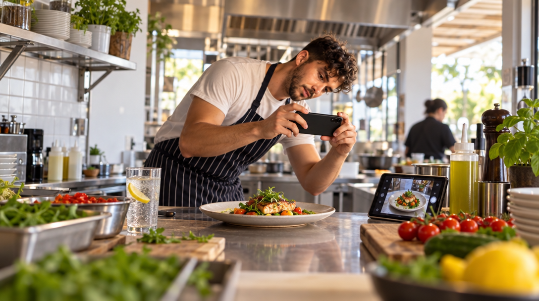 Un cocinero fotografía un plato real junto a sus ingredientes.