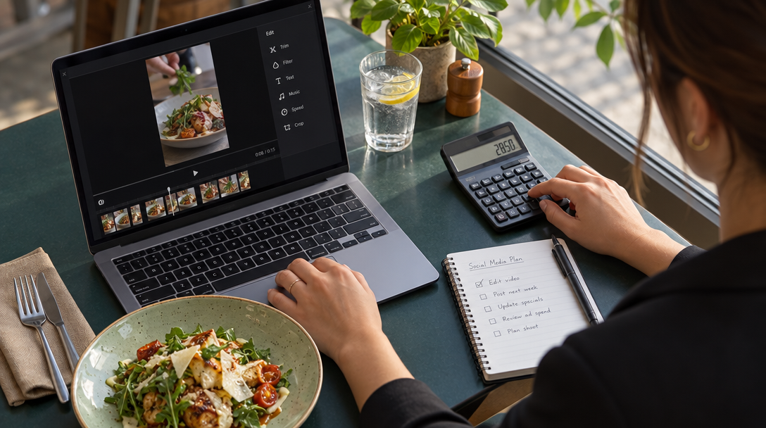Un gerente calcula el presupuesto mientras revisa un vídeo gastronómico.