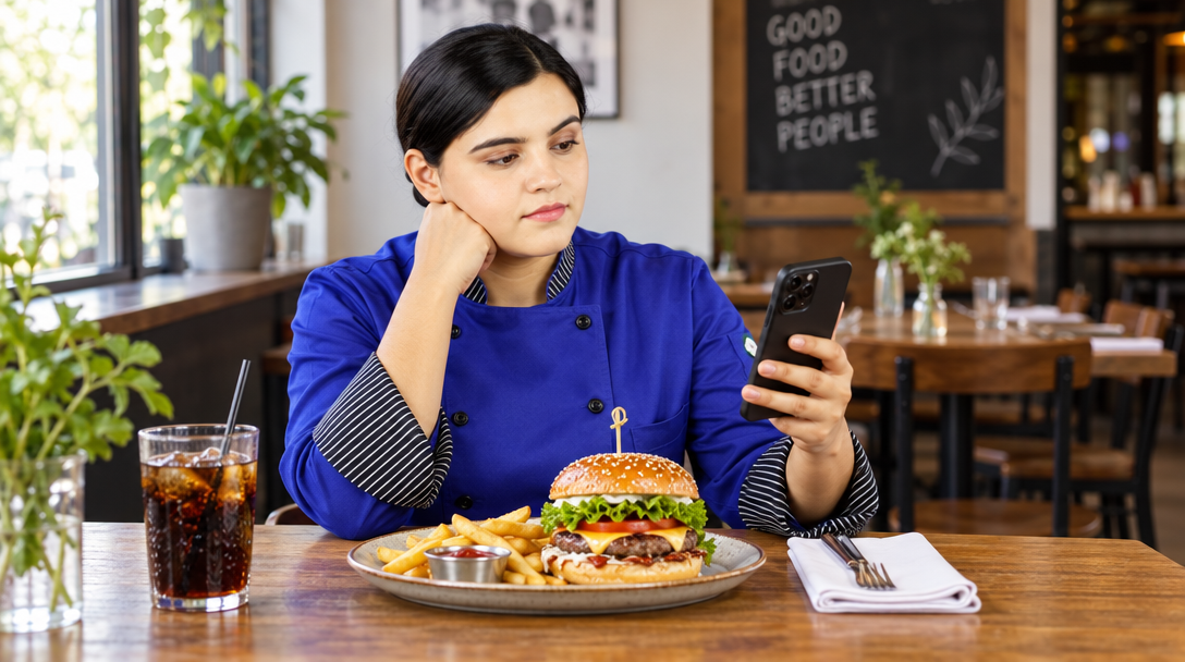 Un restaurador comprueba en el móvil un vídeo vertical de una hamburguesa.