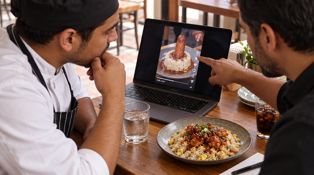 Un chef y una restauradora comparan un vídeo defectuoso con el plato real.