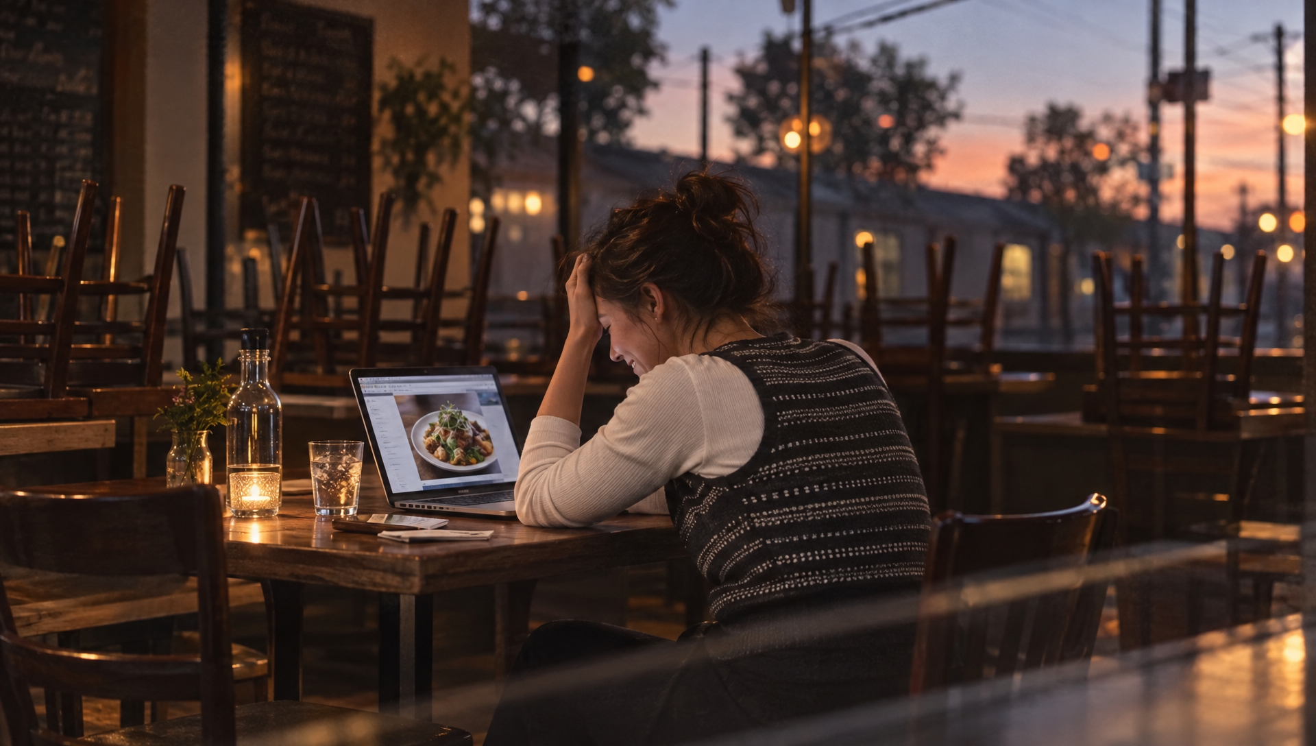 Una dueña cansada revisa el portátil en el comedor vacío después de cerrar.