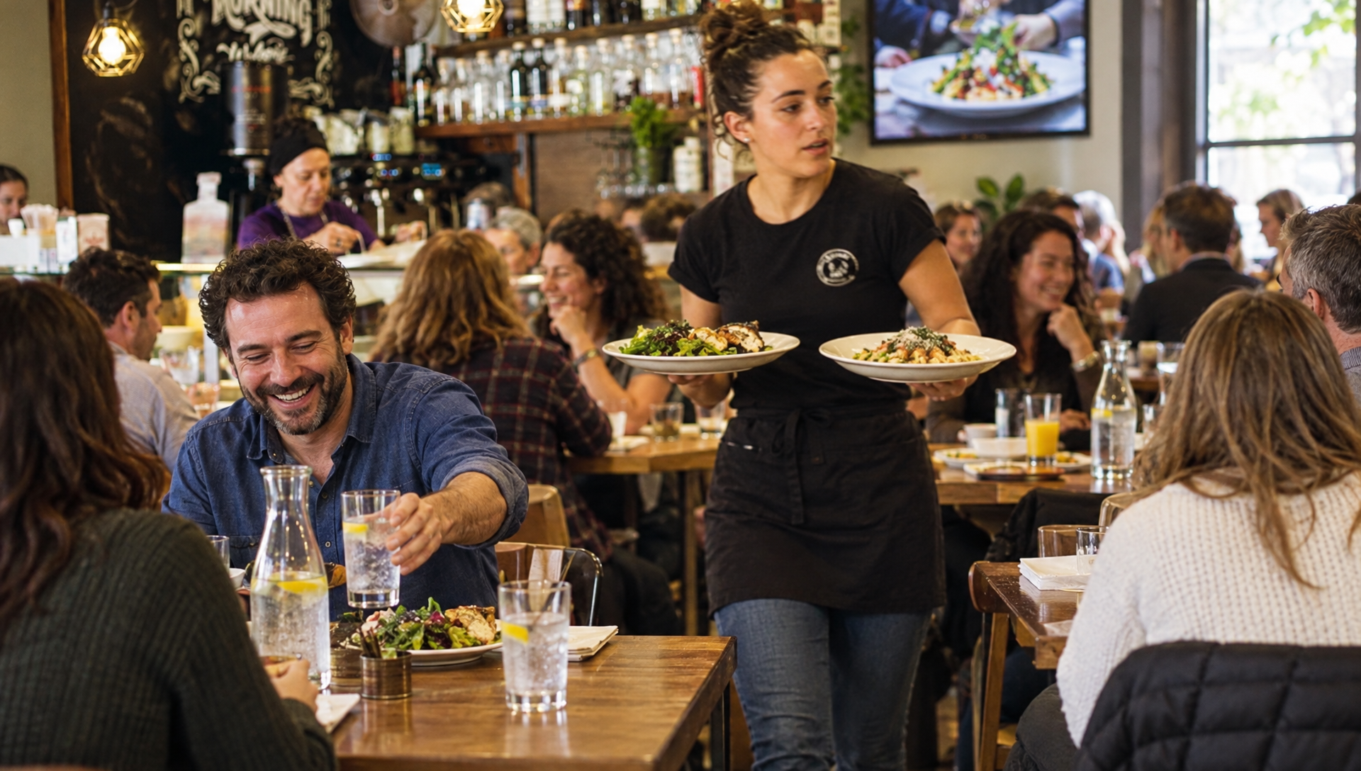 Una camarera lleva dos platos por un comedor lleno a la hora del almuerzo.