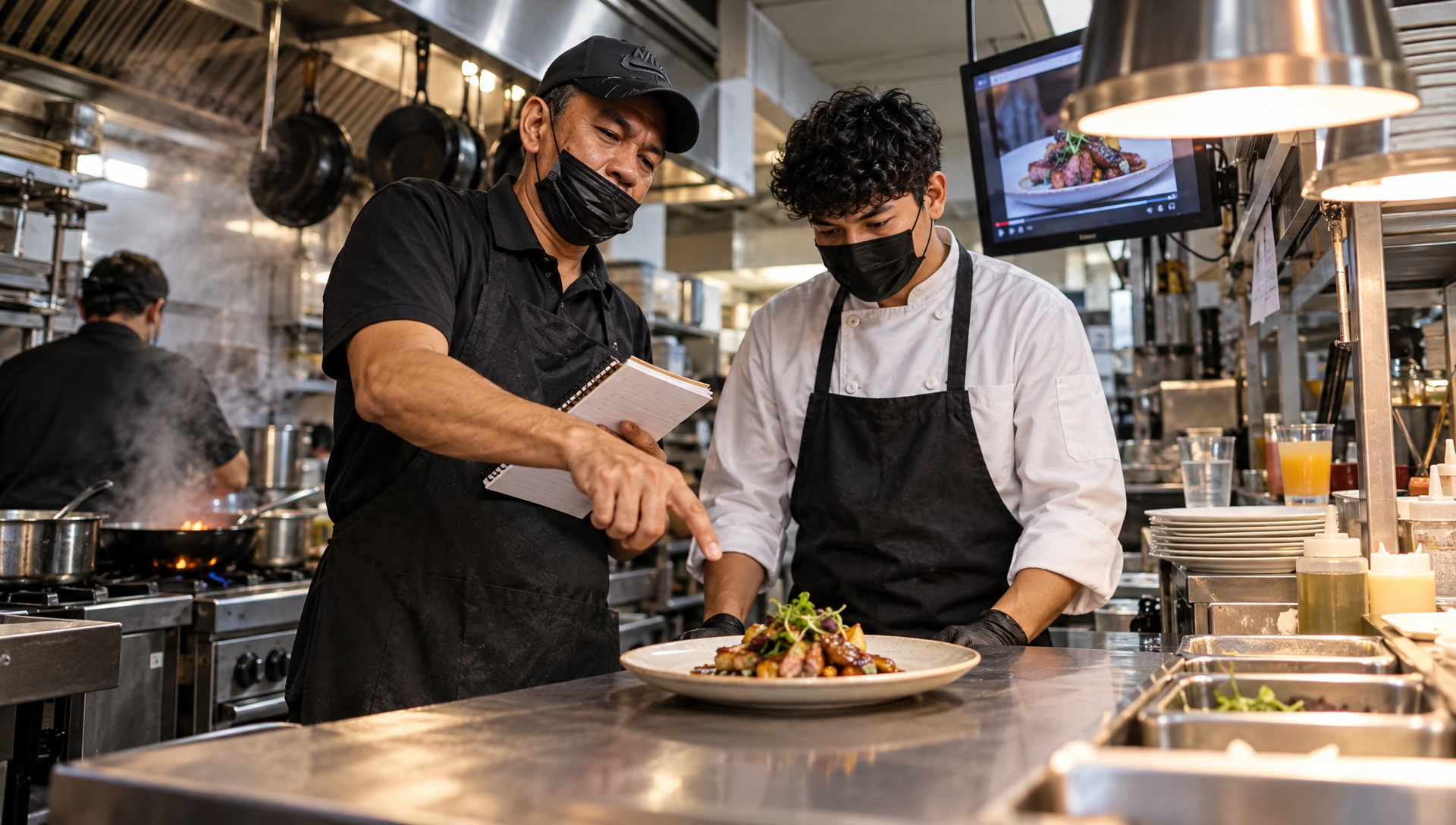 Una dueña y un cocinero hablan junto a la barra de la cocina ante un plato recién emplatado.