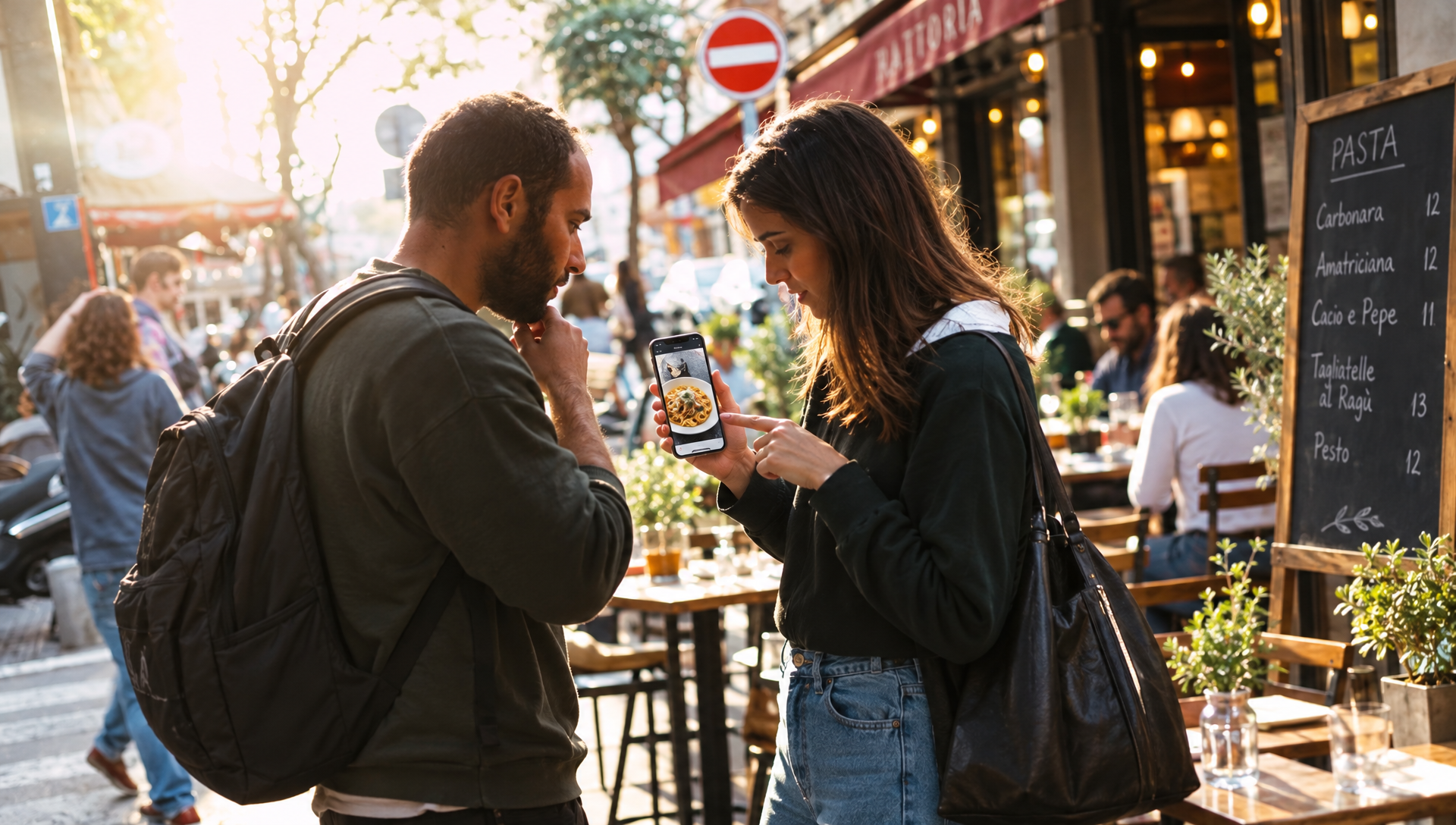 Una pareja en la calle mira en el móvil la foto de un plato frente a la terraza de un restaurante.