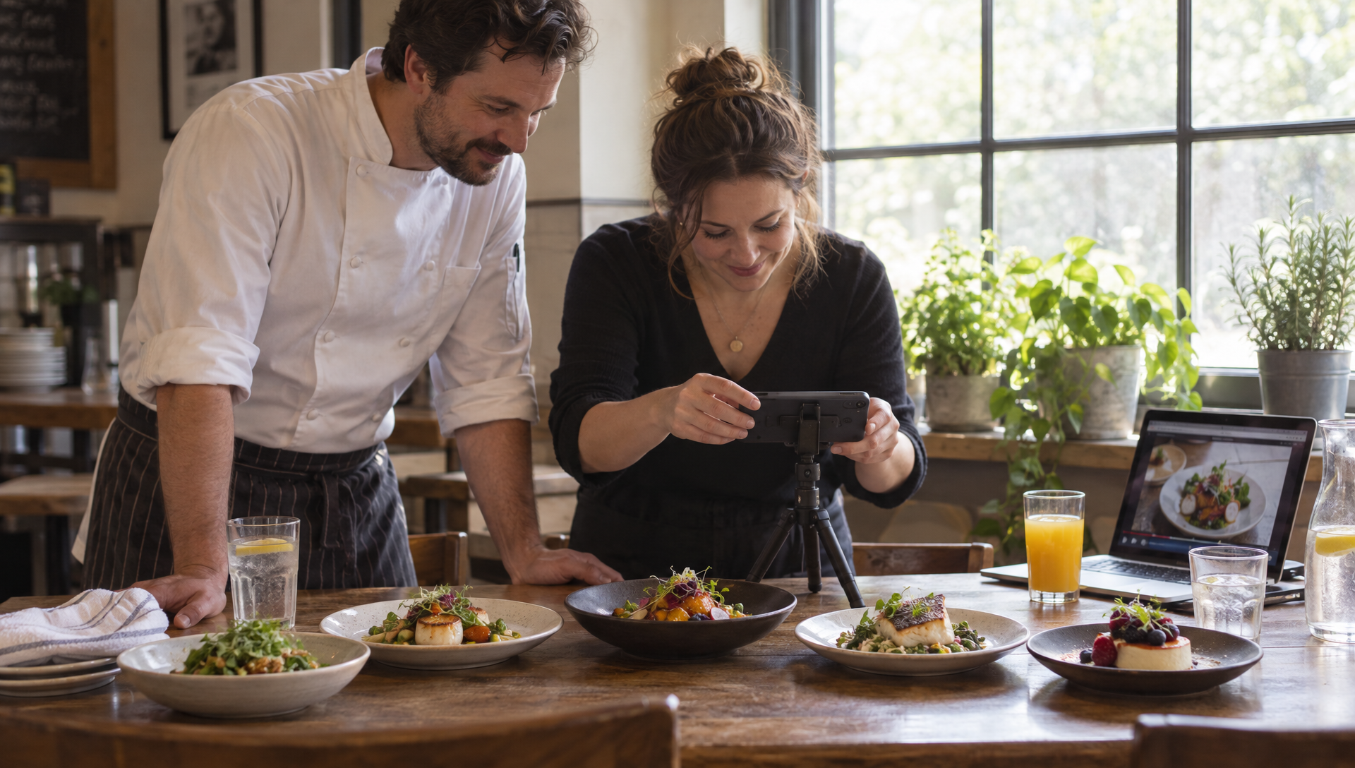 Un cocinero y la dueña fotografían varios platos con el móvil en un trípode junto a una ventana.
