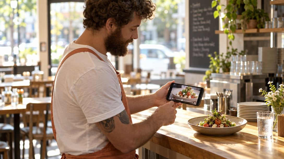 Une restauratrice compare un plat réel à sa vidéo sur téléphone.
