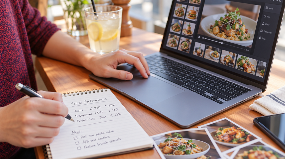 Une restauratrice organise ses contenus et suit leurs résultats chaque semaine.