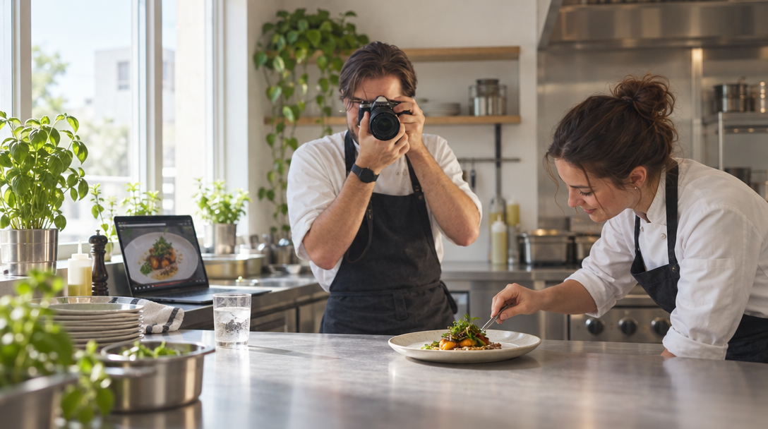 Deux professionnels préparent une photo nette et lumineuse d’un plat.