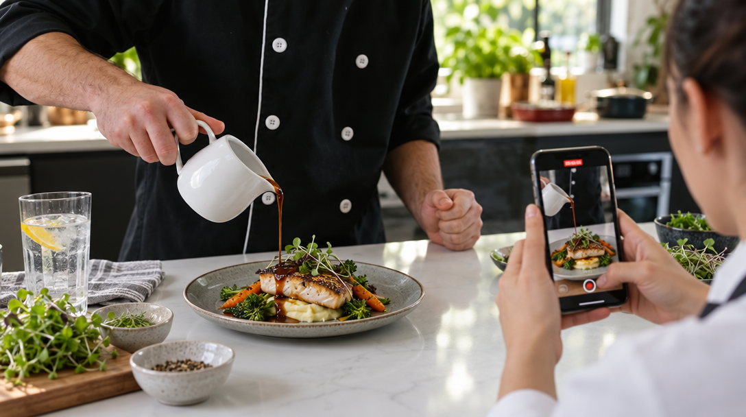Un chef réalise un vrai geste culinaire pendant qu’il est filmé.