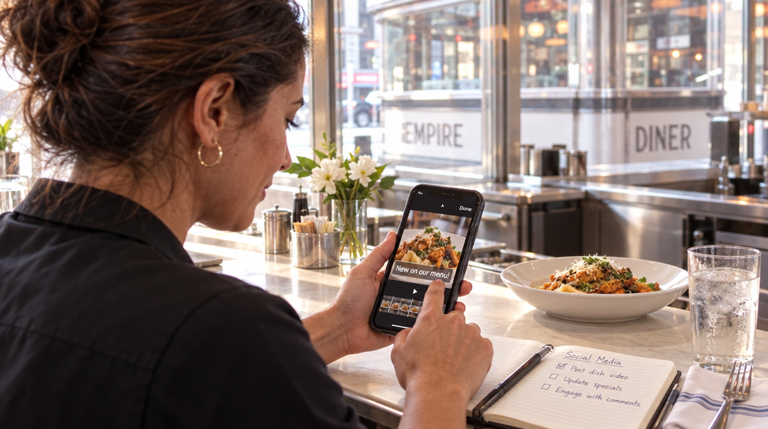 Une restauratrice ajoute un message clair à une vidéo de plat.
