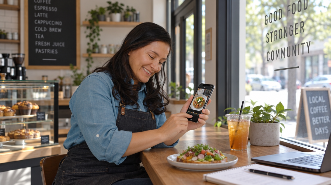 Un restaurateur contrôle une vidéo verticale sur son téléphone avant publication.