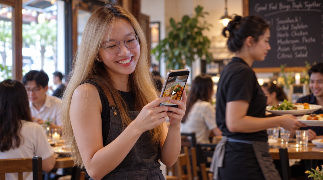 Un restaurateur sourit en regardant une vidéo de plat sur son téléphone dans une salle pleine.