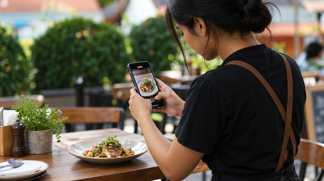 Un serveur filme un plat avec son téléphone.