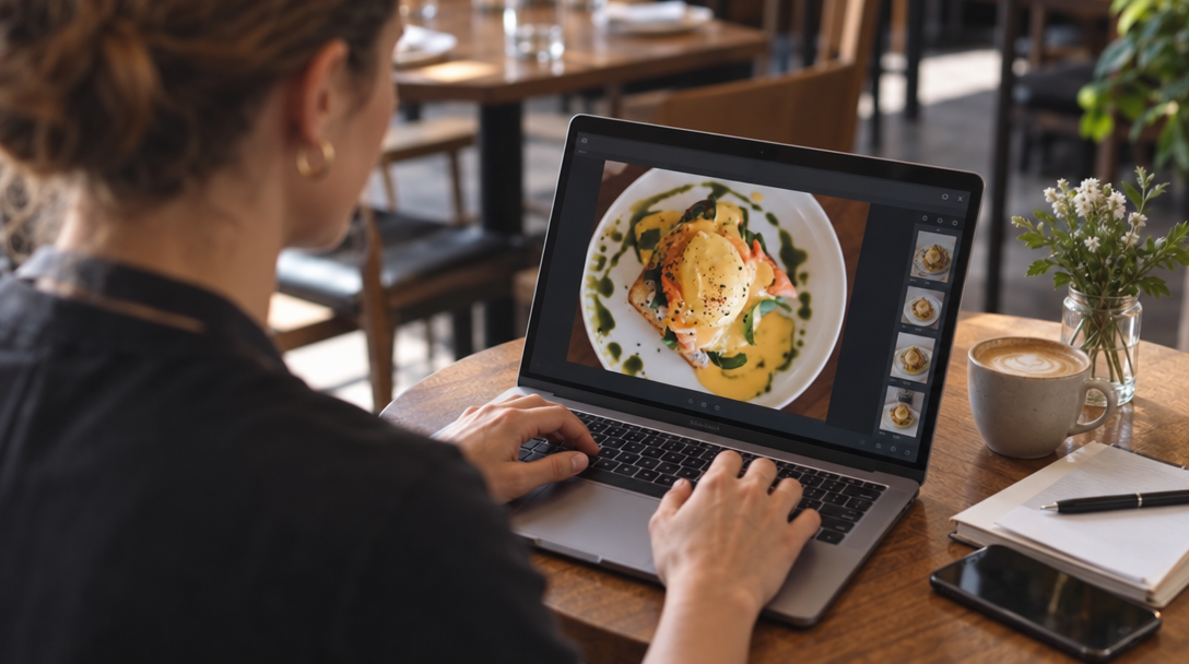 Un restaurateur travaille sur un ordinateur devant la photo d'un plat.