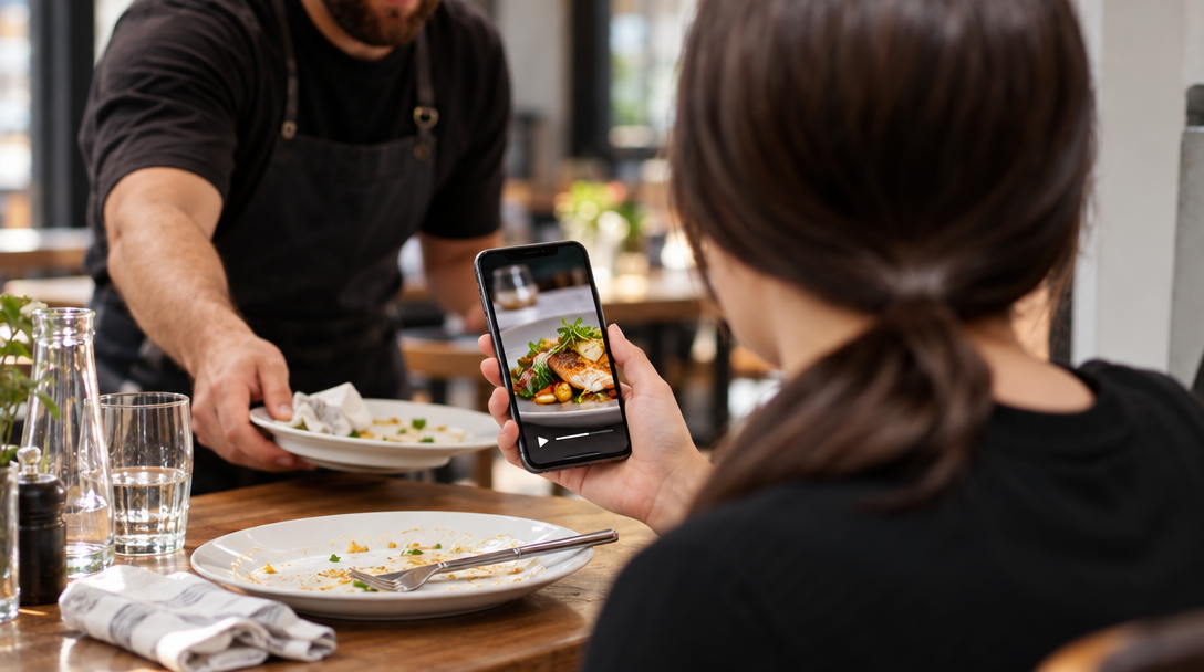 Une cliente consulte son téléphone après le repas, un plat à l'écran.