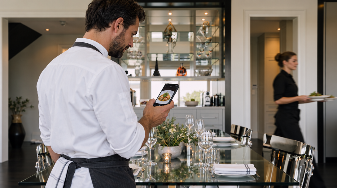 Un chef regarde son téléphone dans la salle, avec un plat à l'écran.