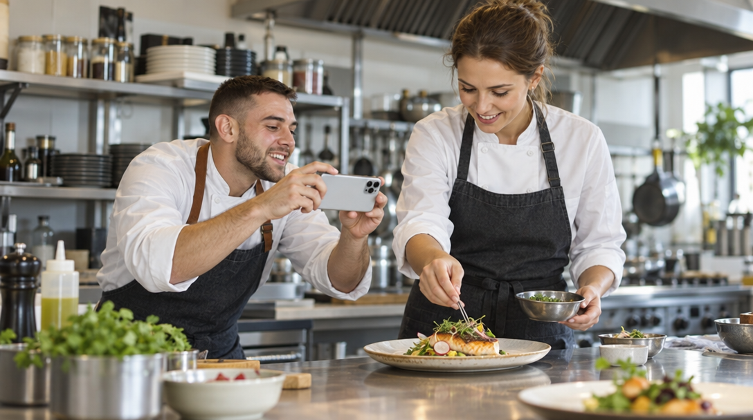 Un cuisinier filme un plat pendant qu'un autre le dresse en cuisine.