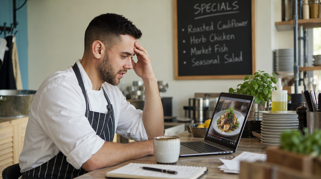 Un restaurateur contrarié regarde son ordinateur, un plat à l'écran.