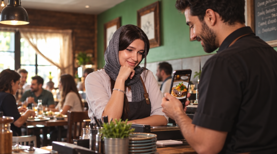 Un dueño de restaurante sonríe mientras un camarero le muestra la foto de un plato en el móvil.