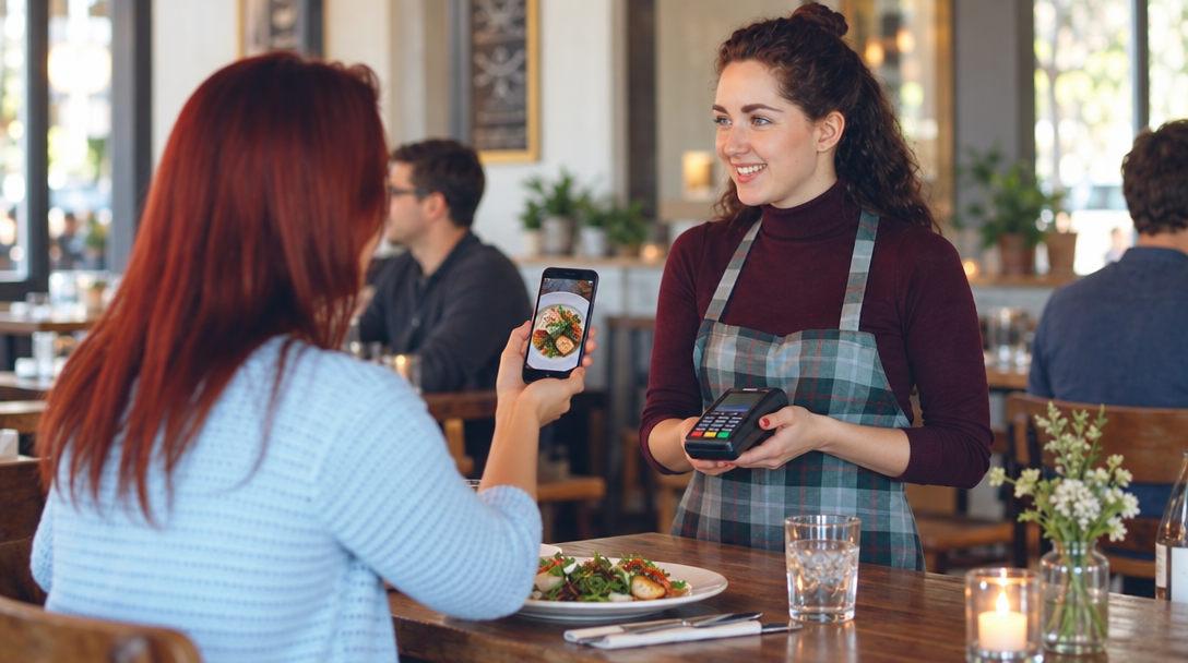 Un cliente mira la foto de un plato en el móvil mientras un camarero espera con el datáfono.