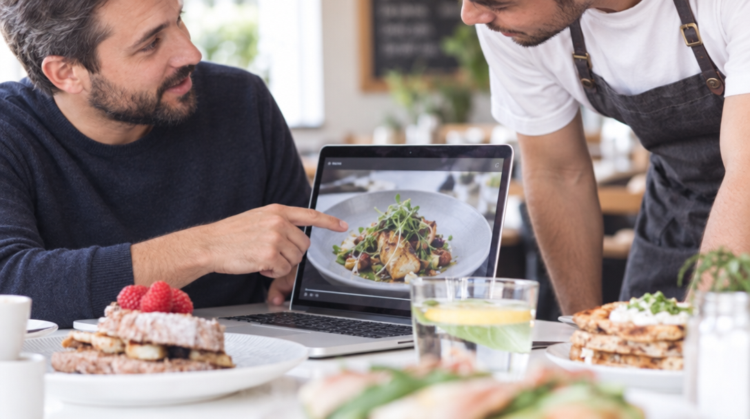 Un dueño de restaurante muestra la foto de un plato en el portátil a un camarero.