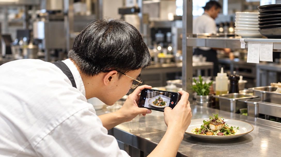 Un cocinero graba un plato con el móvil en la cocina del restaurante.