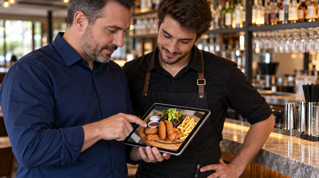 Un gerente y un camarero revisan una tableta con la foto de un plato en la barra.
