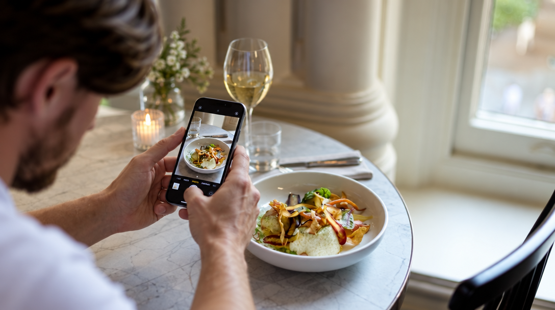 Un restaurateur photographie un plat avec son smartphone près d’une fenêtre.