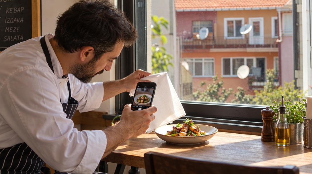Un cuisinier photographie un plat près d’une fenêtre avec un smartphone.