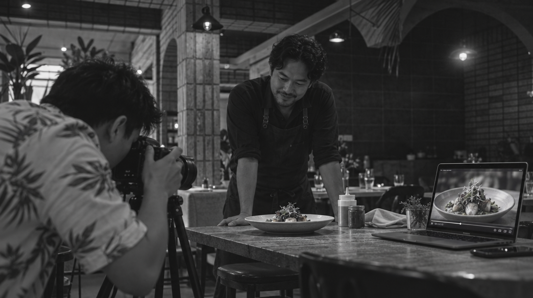 Un photographe prend en photo un plat pendant que le restaurateur regarde.