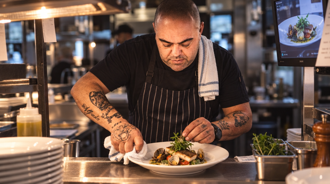Un chef essuie l’assiette et ajoute des herbes avant la photo.