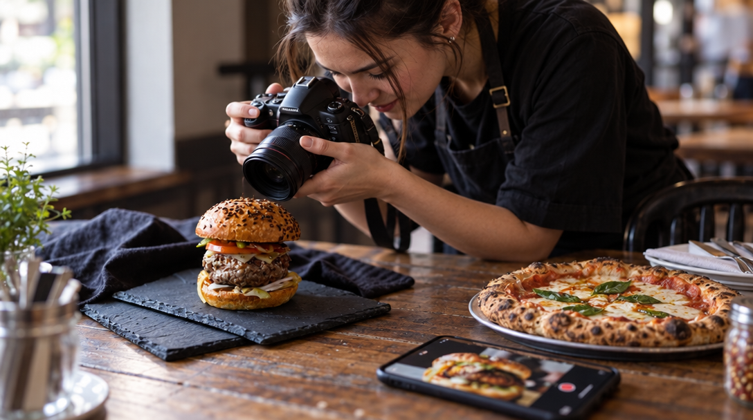 Un employé photographie un burger sous un angle de 45 degrés.