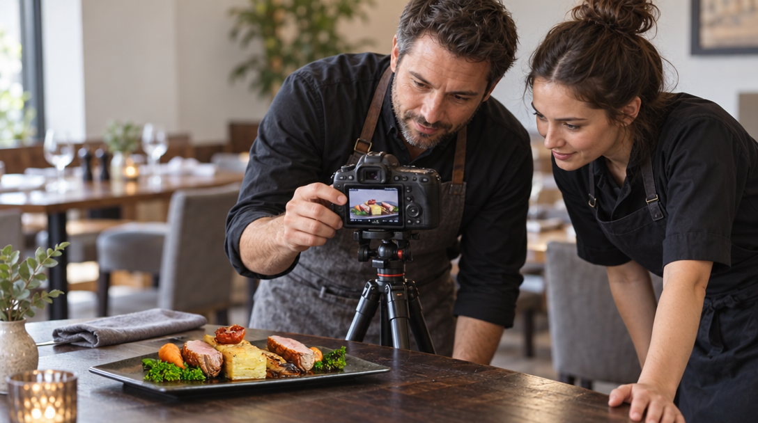 Un restaurateur et un employé organisent une séance photo de plats.