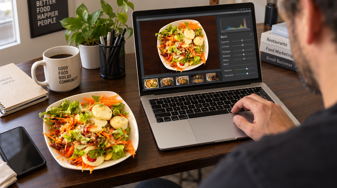 Un restaurateur retouche la photo d’un plat sur un ordinateur portable.