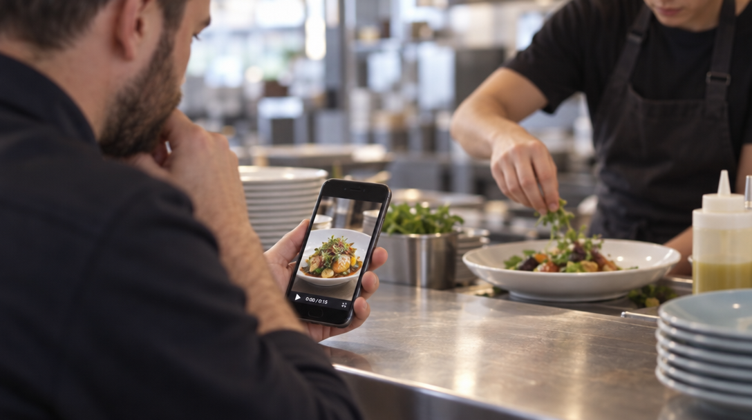 Un gérant regarde une vidéo de plat sur son smartphone au comptoir.