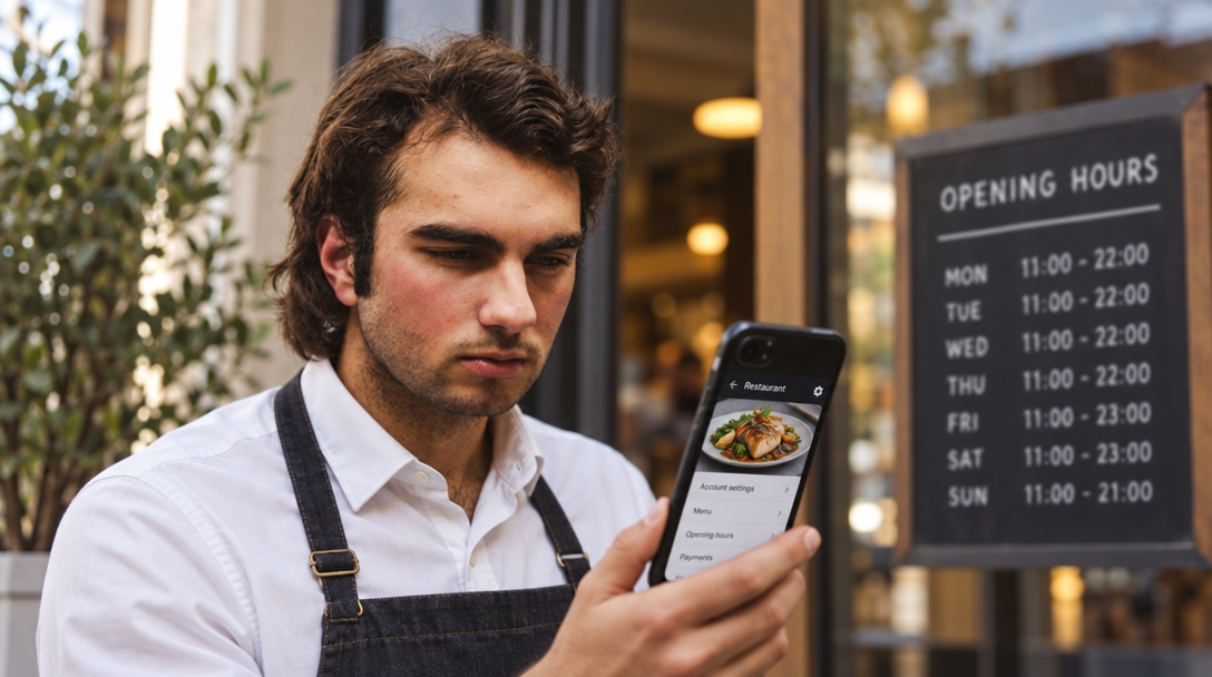 Un restaurateur vérifie son compte près de l’entrée.
