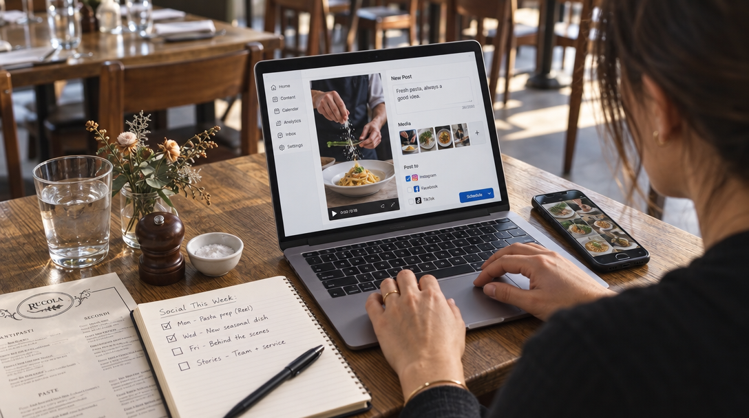 Un responsable organise les publications du restaurant sur ordinateur.