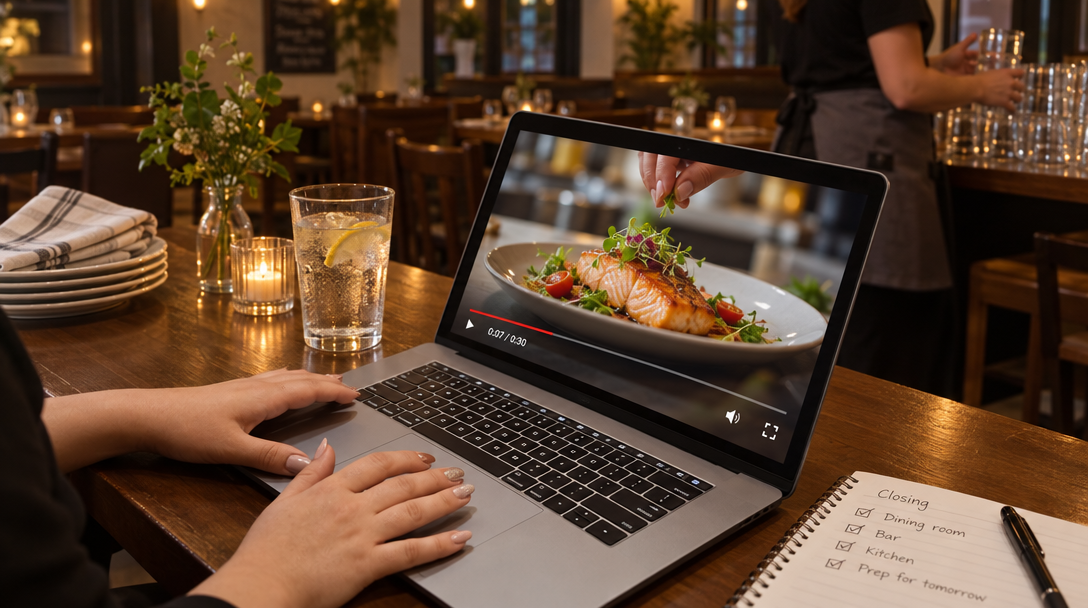 Une restauratrice consulte une vidéo préparée automatiquement après le service.