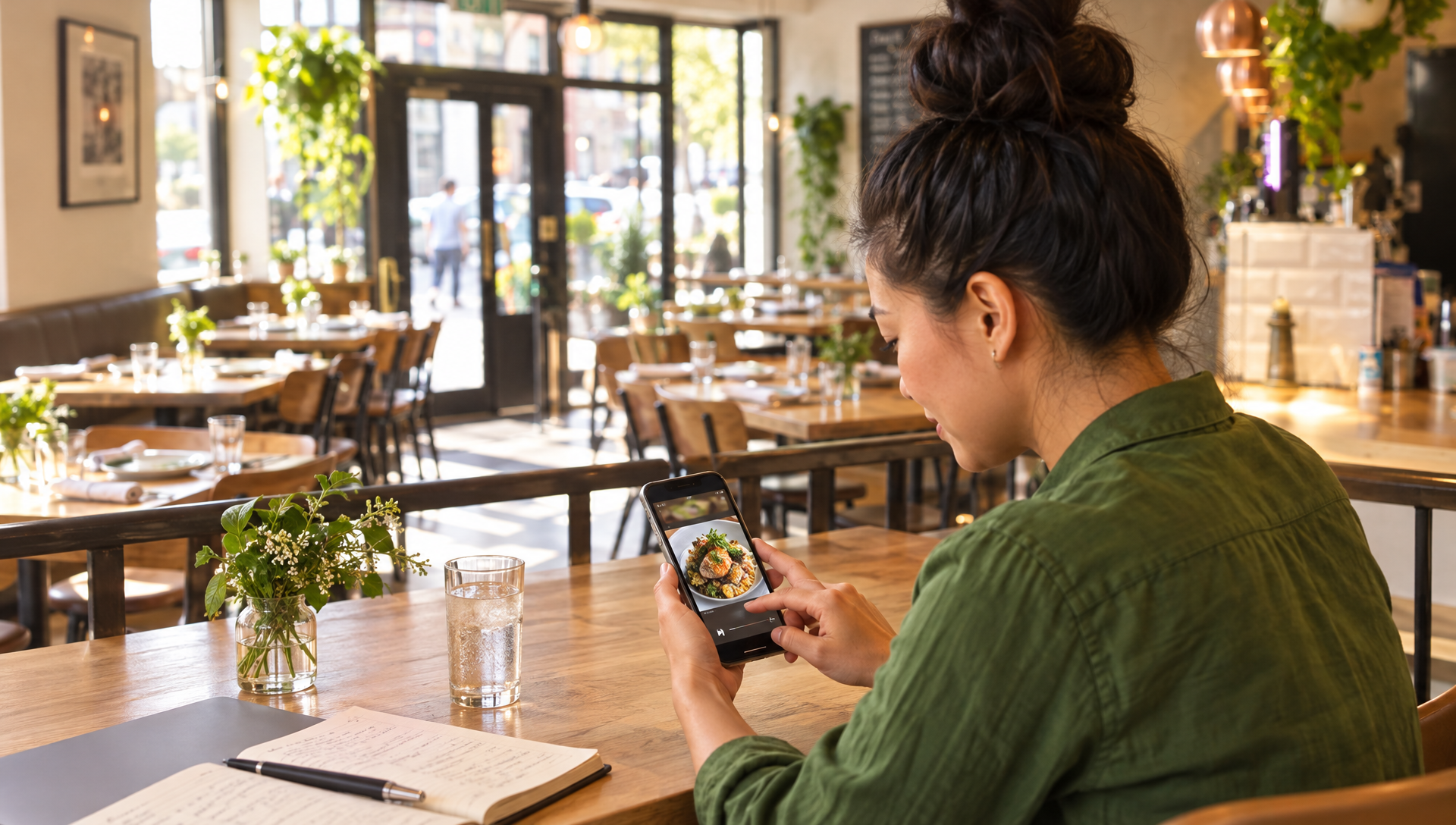 Une restauratrice consulte son téléphone dans la salle prête à accueillir les clients.