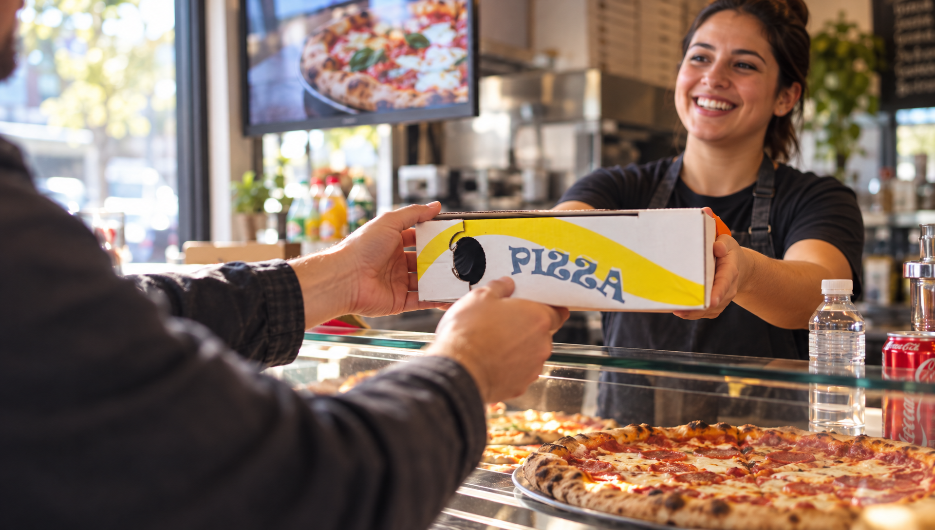 Un employé remet une pizza à emporter à un client.