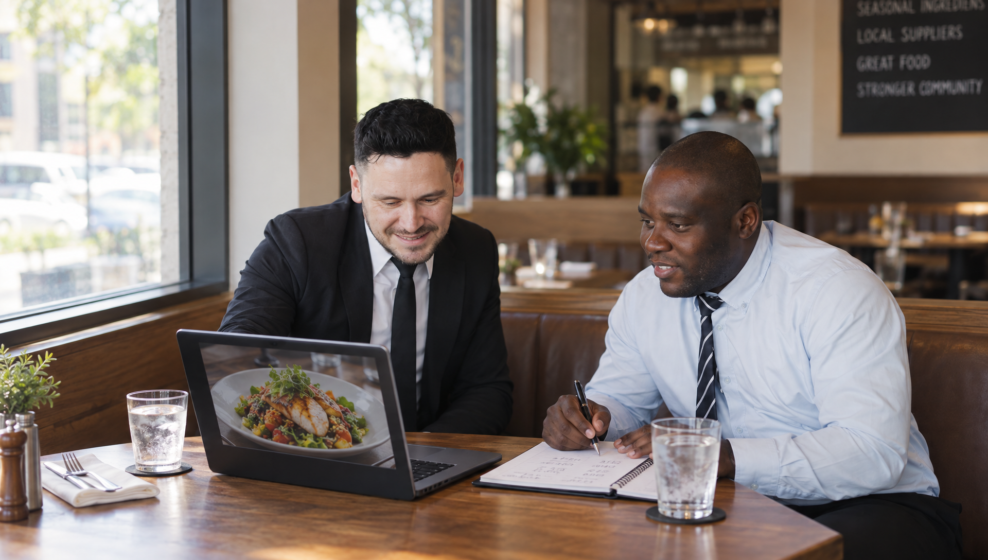 Deux responsables travaillent avec un ordinateur et un carnet dans une banquette du restaurant.
