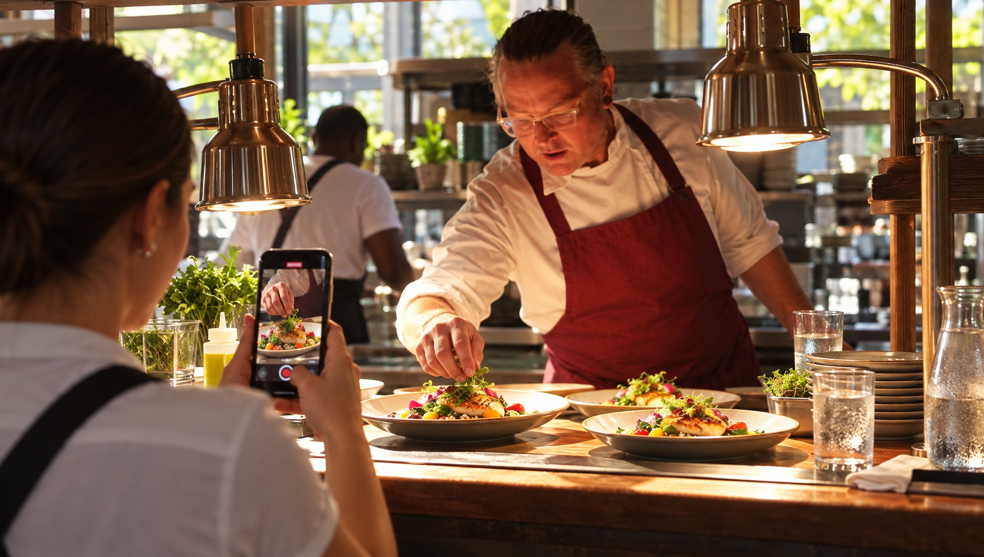 Une employée filme un chef qui termine le dressage d’une assiette.