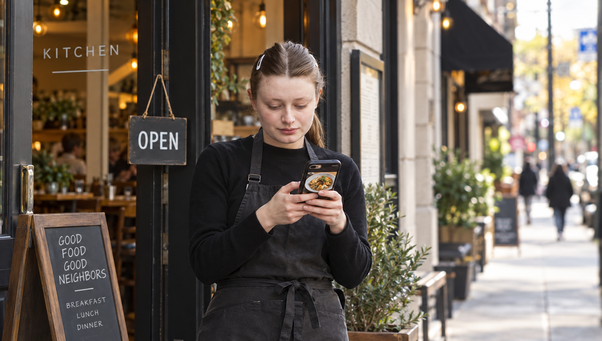 Un responsable consulte son téléphone devant l’entrée de son restaurant.