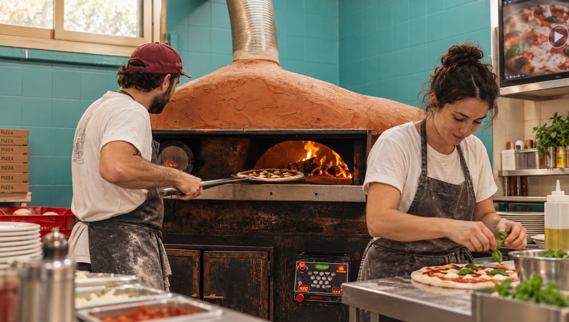 Deux pizzaïolos préparent et enfournent des pizzas.