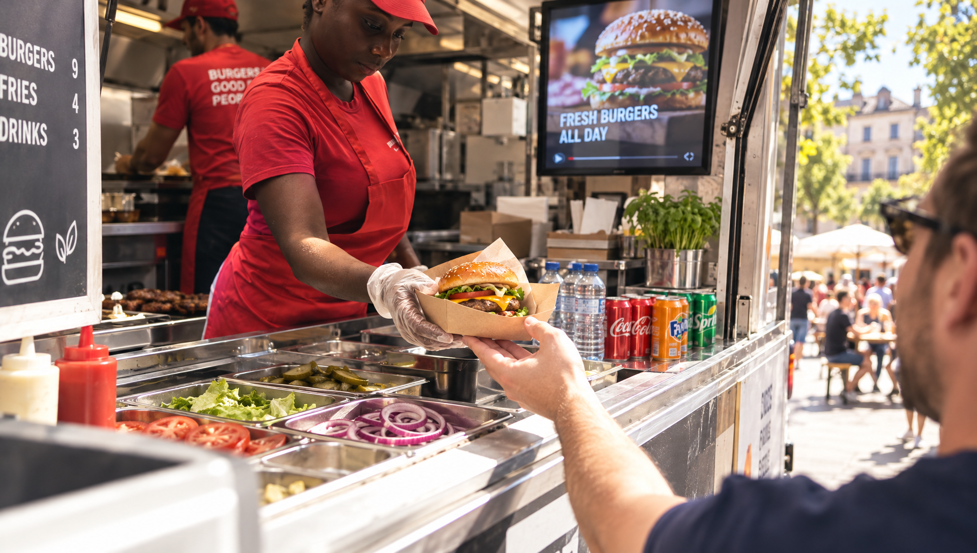 Un cuisinier de food truck sert un burger à une cliente.