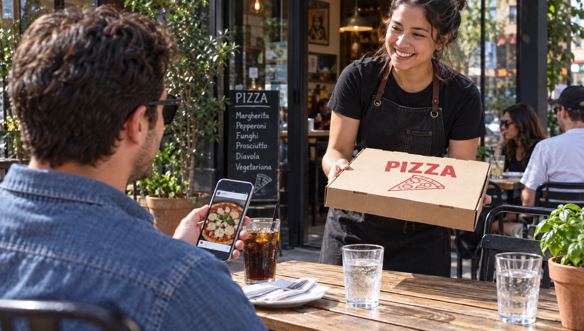 Une cliente consulte son téléphone pendant qu’un serveur apporte sa pizza à emporter.
