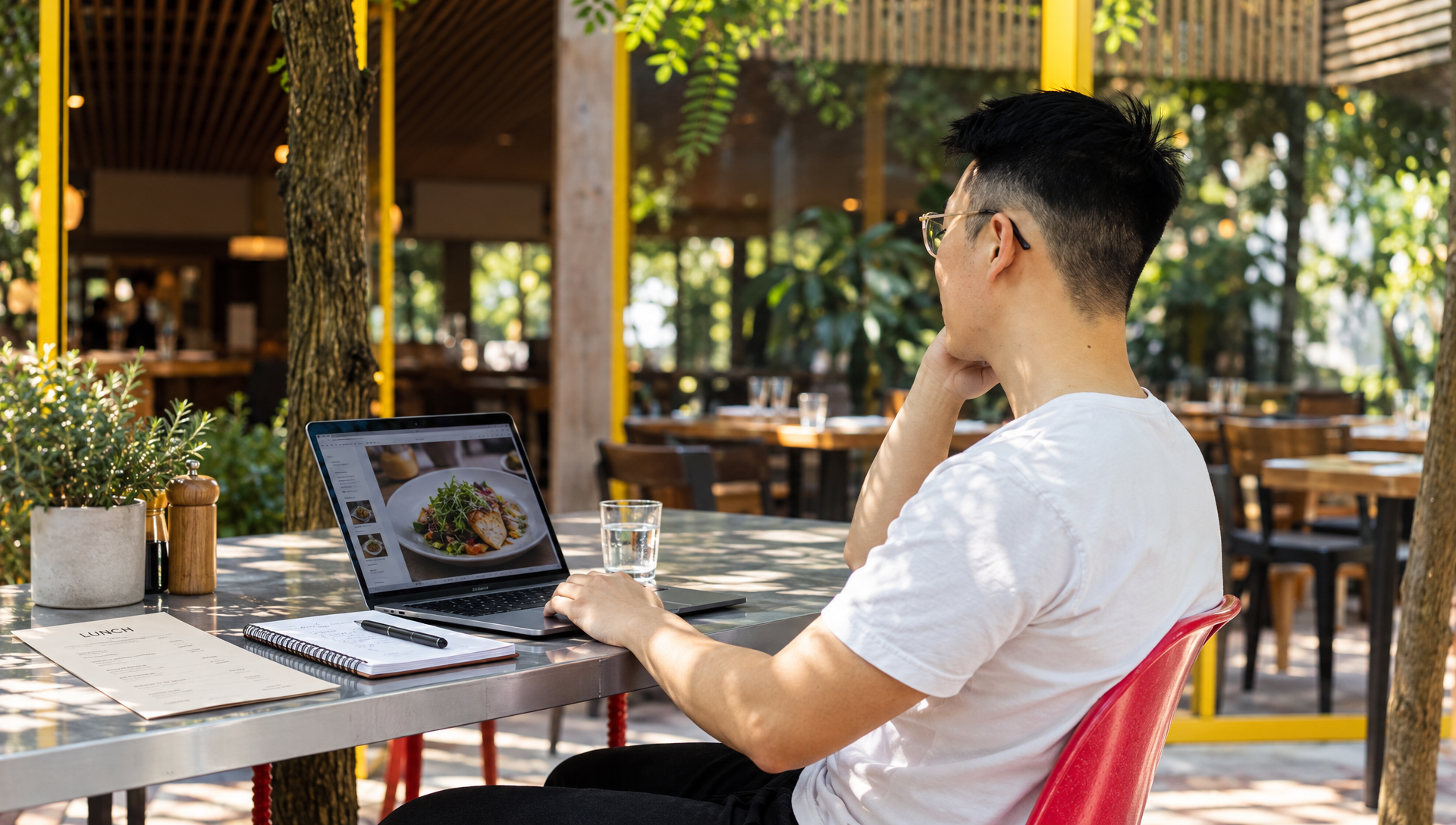Un restaurateur travaille sur son ordinateur en terrasse avant l’ouverture.