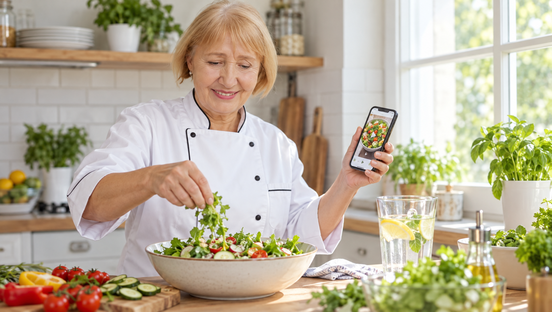 Une cheffe compare une photo sur son téléphone avec la salade préparée devant elle.