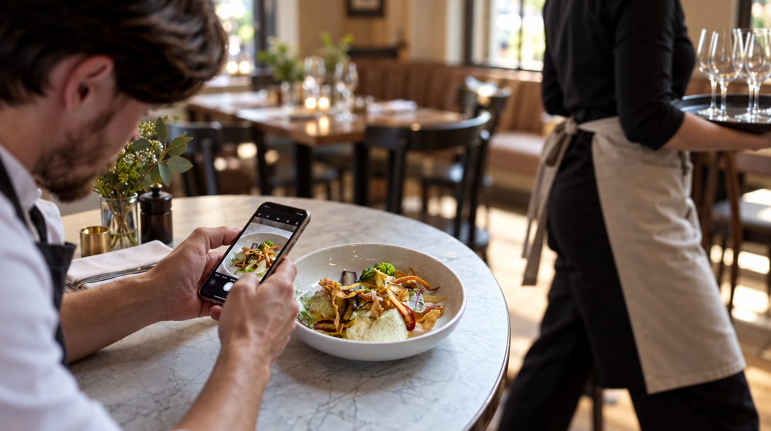 A restaurant owner photographs a plated dish while a server walks by.